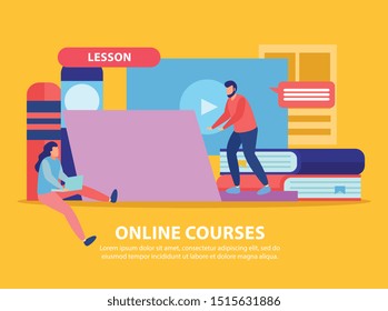 Online education flat background composition with doodle images of computers content and books with human characters vector illustration