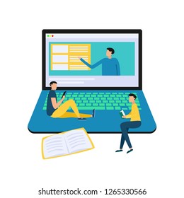 Online education flat background with laptop and people. People read book and discuss knowledge. Vector illustration