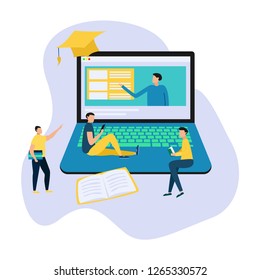 Online education flat background with laptop and people. People read book and discuss knowledge. Vector illustration