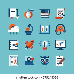 Online Education Flat Color Icon Set Of Headphones Monitor Owl Head And Higher School Graduation Items Isolated Vector Illustration 