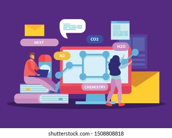 Online education flat composition with doodle style collage and images of mail envelopes books and computer vector illustration