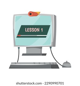 Online education flat concept with video lesson on computer monitor vector illustration