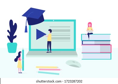 Online education. Flat design concept of training and courses, learning, video tutorials. webinars. Vector illustration.