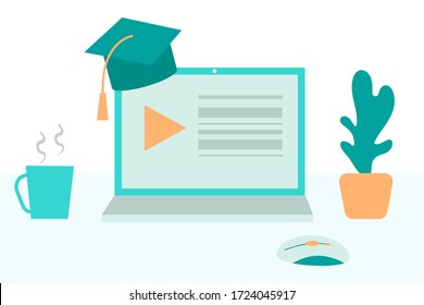 Online education. Flat design concept of training and courses, learning, video tutorials. webinars. Vector illustration.