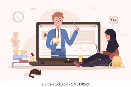 Online education. Flat design concept of training and video tutorials. Student learning at home. Vector illustration for website banner, marketing material, presentation template, online advertising.