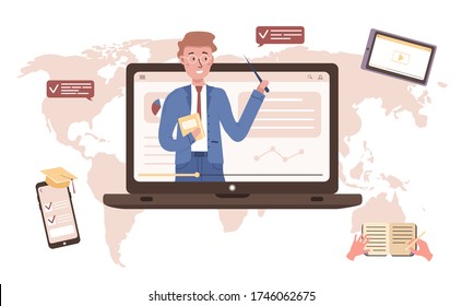 Online education. Flat design concept of training and video tutorials. Teacher on screen laptop. Vector illustration for website banner, marketing material, presentation template, online advertising.