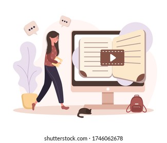 Online education. Flat design concept of training and video tutorials. Student learning at home. Vector illustration for website banner, marketing material, presentation template, online advertising.