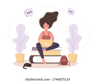 Online education. Flat design concept of training and video tutorials. Girl sitting on books. Vector illustration for website banner, marketing material, presentation template, online advertising.