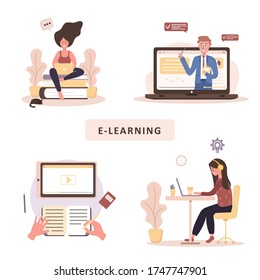 Online education. Flat design concept of training and video tutorials. Student learning at home. Vector illustration for website banner, marketing material, presentation template, online advertising.