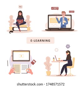 Online education. Flat design concept of training and video tutorials. Student learning at home. Vector illustration for website banner, marketing material, presentation template, online advertising.