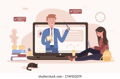Online education. Flat design concept of training and video tutorials. Student learning at home. Vector illustration for website banner, marketing material, presentation template, online advertising.
