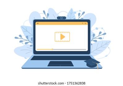 Online education. Flat design concept of training and video tutorials. Vector illustration for website banner, marketing material, presentation template, online advertising.