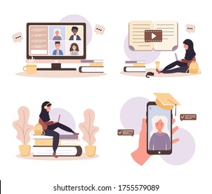 Online education. Flat design concept of training and video tutorials. Student learning at home. Vector illustration for website banner, marketing material, presentation template, online advertising.