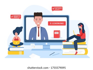 Online education. Flat design concept of training and video tutorials. Student learning at home. Vector illustration for website banner, marketing material, presentation template, online advertising.