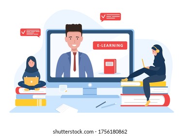 Online education. Flat design concept of training and video tutorials. Student learning at home. Vector illustration for website banner, marketing material, presentation template, online advertising.