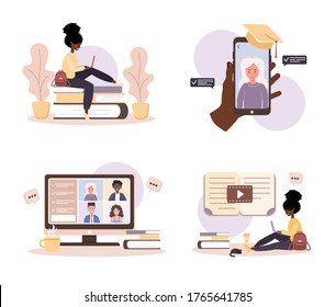 Online education. Flat design concept of training and video tutorials. African student learning at home. Vector illustration for website, marketing material, presentation template, online advertising.