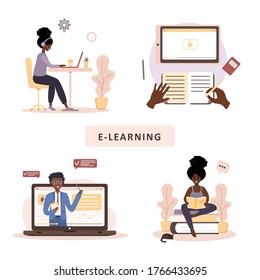 Online education. Flat design concept of training and video tutorials. African student learning at home. Vector illustration for website, marketing material, presentation template, online advertising.