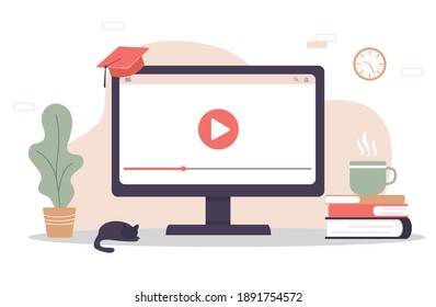 Online education. Flat design concept of training and video tutorials. Vector illustration for website banner, marketing material, presentation template, online advertising