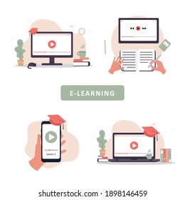 Online Education. Flat Design Concept Of Training And Video Tutorials. Vector Illustration For Website Banner, Marketing Material, Presentation Template, Online Advertising