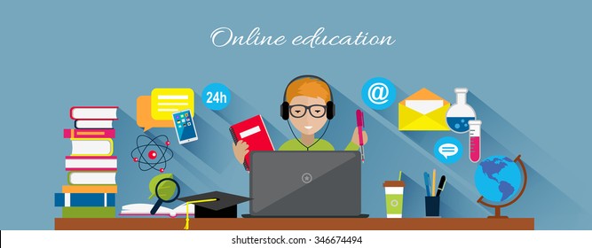 Online education flat design concept. Online learning, e-learning and online training, webinar and online class, internet web technology, book and computer, knowledge media illustration