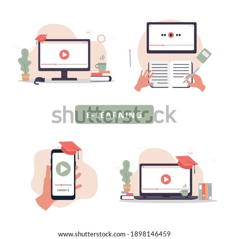 Online education. Flat design concept of training and video tutorials. Vector illustration for website banner, marketing material, presentation template, online advertising