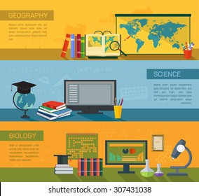 Online education flat horizontal banner set with distance tutorials and training elements, geography, biology and science, isolated vector illustration