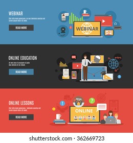 Online education flat horizontal banners with online lessons and  webinar decorative icons vector illustration