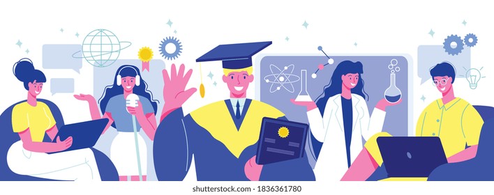 Online education flat horizontal composition with students in chemical lab academic cap internationally recognized diploma vector illustration