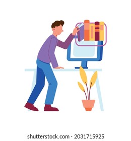Online education flat icon with character choosing virtual books in library vector illustration