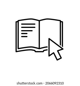 Online education flat icon with cursor. Digital library pictogram for web. Line stroke. Isolated on white background. Vector eps10. 