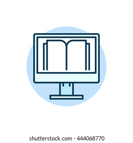 Online education flat icon. Vector PC with book colorful sign. E-learning or e-reading concept illustration