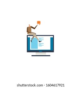 Online education flat icons. Abstract man sits at a computer monitor.