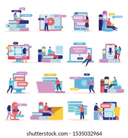 Online education flat icons collection with sixteen compositions of doodle human characters gadgets books and pictograms vector illustration