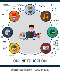 Online education flat icons concept. Vector illustration. Element template for design.