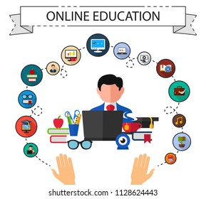 Online education flat icons concept. Vector illustration. Element template for design.