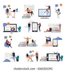 Online education flat icons with persons during communications, knowledge on screens of electronic devices, isolated vector illustration 