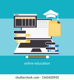Online education flat illustration concept. E learning, e-learning, online courses concepts