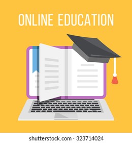 Online education flat illustration concept. Laptop with book and graduation cap. Modern flat design concepts for web banners, web sites, printed materials, infographics. Creative vector illustration