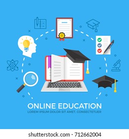 Online education flat illustration concept. Laptop with book and graduation hat. Creative flat icons set, thin line icons set for web banners, web sites, infographics. Modern vector illustration