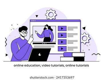 Online education flat illustration, Video tutorials, Online tutorials, E-learning, Online course, Online webinar, Students learning scene, Distance education, Studying