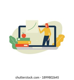 Online education flat illustration with young woman. Flat character