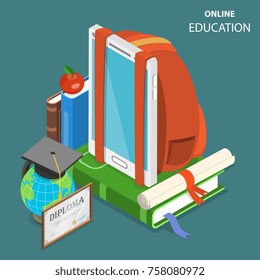 Online education flat isometric low poly vector concept. Smartphone is standing on the book with a school backpack hanging on it surrounded by the education attributes.