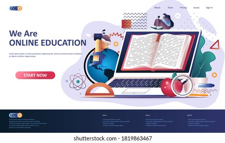 Online education flat landing page template. Distance learning service, professional courses and skills development web banner. Online studying 3d composition. Web page vector illustration.