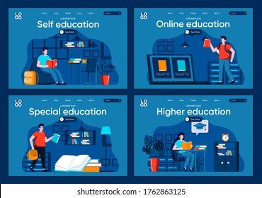 Online education flat landing pages set. Distance learning program in university, students study scenes for website or CMS web page. Self education, special and higher graduation vector illustration.