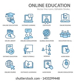 Online education flat line icons. Set of graduation cap, training, laptop, webinar symbols. Editable Strokes.