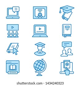 Online education flat line icons. Set of graduation cap, training, laptop, webinar symbols. Editable Strokes.