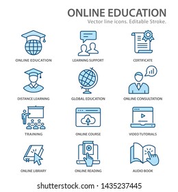 Online education flat line icons. Set of graduation cap, training, laptop, webinar symbols. Editable Strokes.