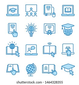 Online education flat line icons. Set of webinar, training, study, university, elearning and more. Editable Stroke. Change to any size and any colour.