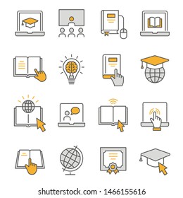 Online education flat line icons. Set of webinar, training, study, university, elearning and more. Editable Stroke.