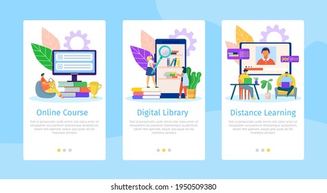 Online education, flat mobile web page set, vector illustration. Learning at course, study with digital library, distance learning technology